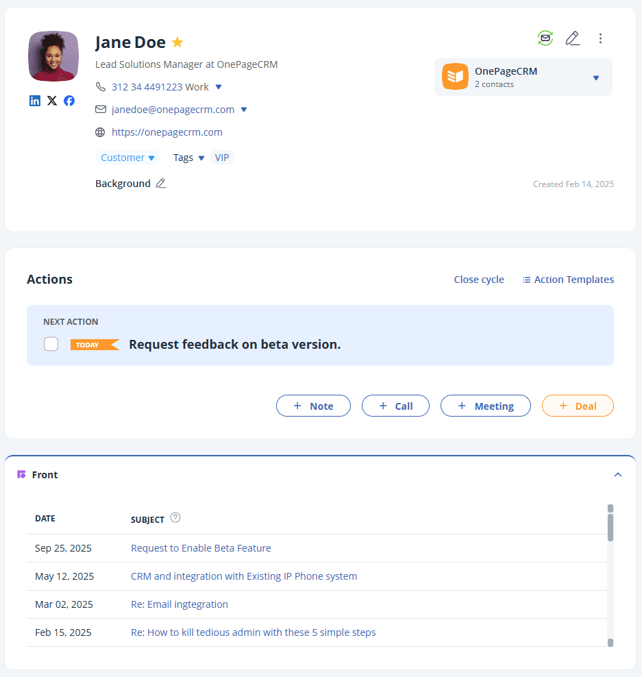 Screenshot of OnePageCRM